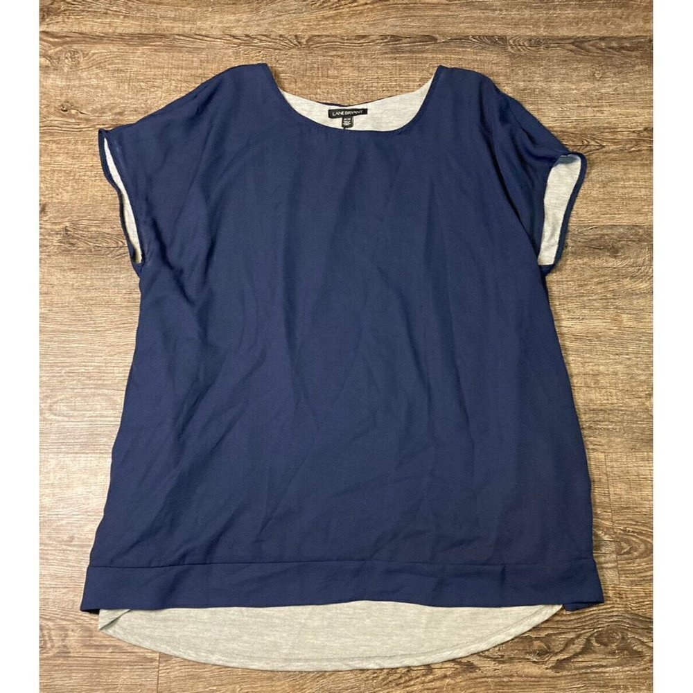 Lane Bryant Womens Plus Size Navy/Gray Top Cap Sleeve Slit Back Blouse Sz 14/16